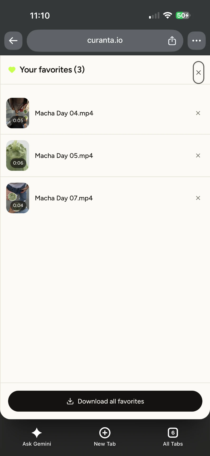 A Curanta gallery favorites and downloads screen on a phone